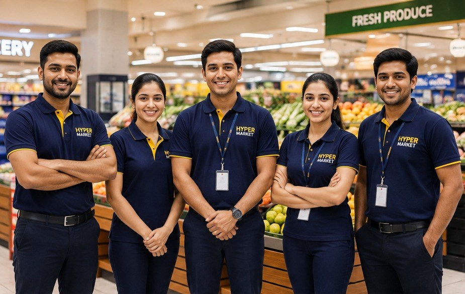 Retail staff wearing navy and gold uniforms produced by Golden Outfit Corner