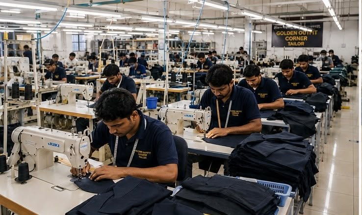 Golden Outfit Corner tailoring workshop floor with rows of industrial sewing machines