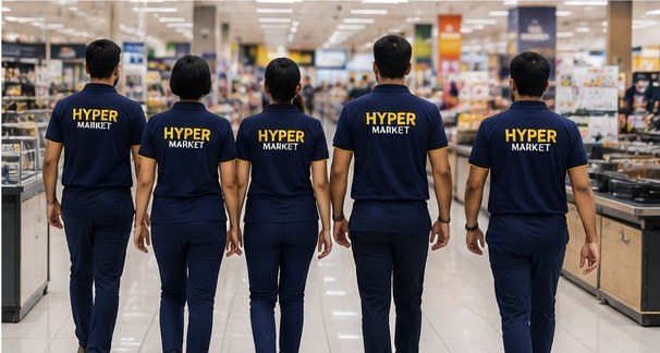 Back view of a uniformed staff line showing embroidered branding for Golden Outfit Corner