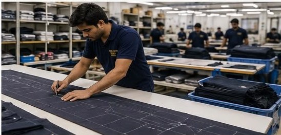 Pattern marking and chalking on a long cutting table at Golden Outfit Corner