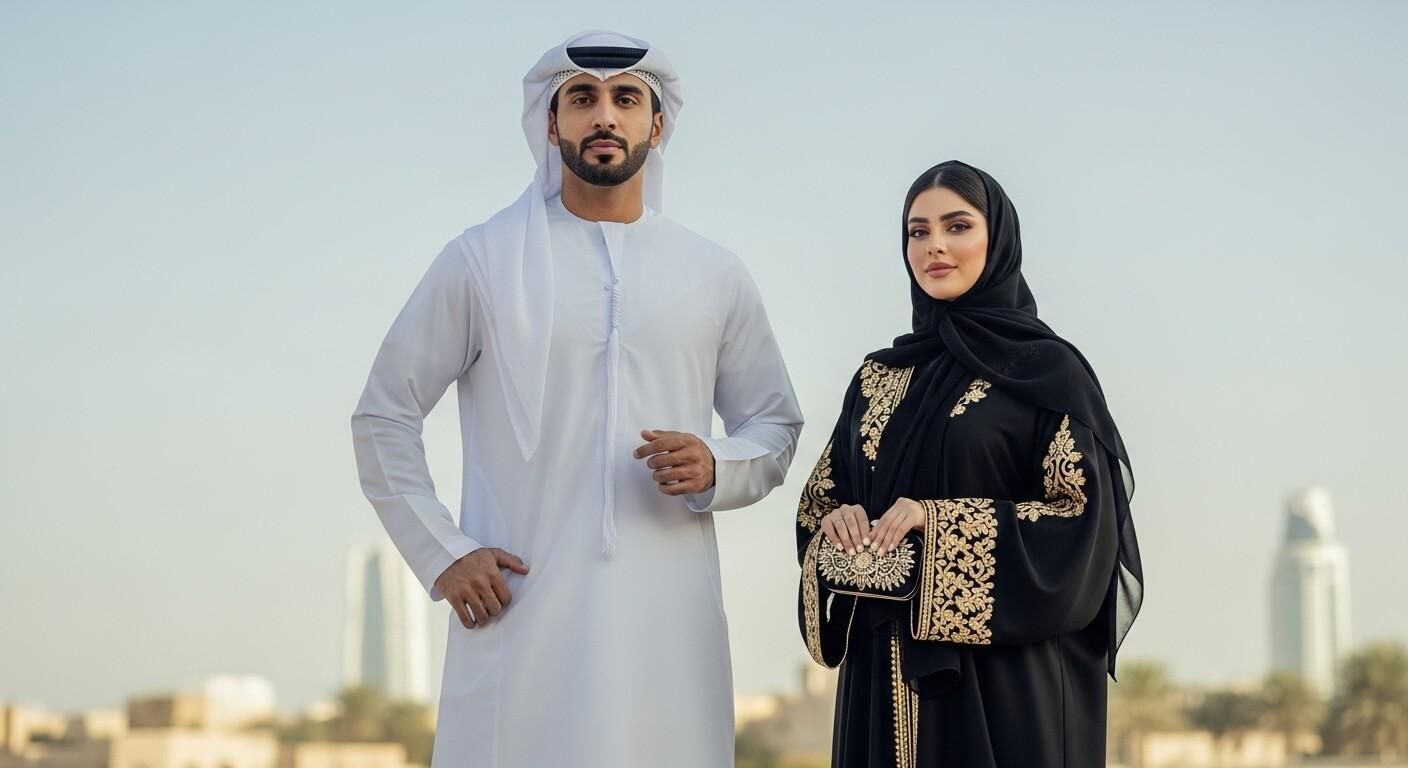 Emirati couple in a tailored white kandura and embroidered black abaya