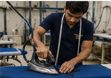 Tailor steam pressing a finished navy garment at Golden Outfit Corner