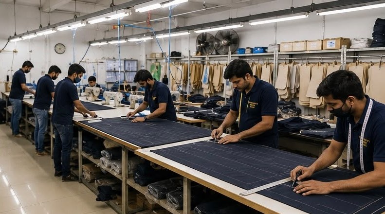 Precision cutting tables with marked navy suiting fabric at Golden Outfit Corner