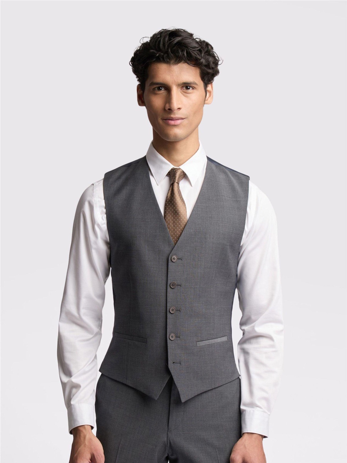 Grey tailored waistcoat with shirt and tie
