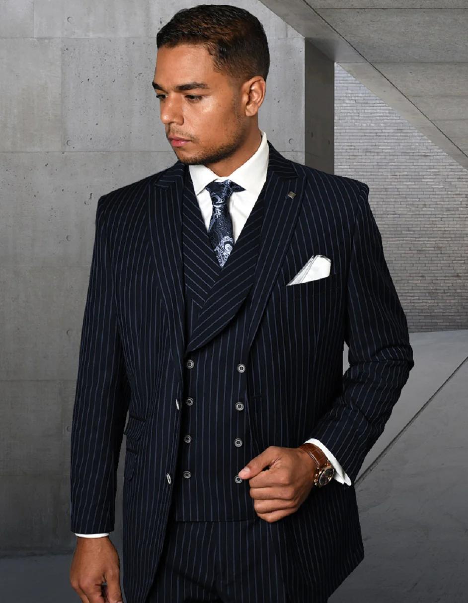 Navy pinstripe three piece suit