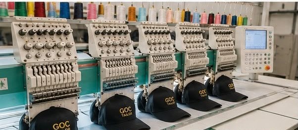 Multi-head embroidery machinery stitching GOC Tailor caps at Golden Outfit Corner
