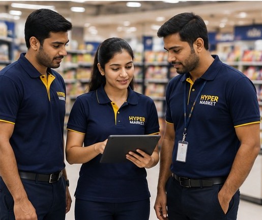 Uniformed team members reviewing stock on a tablet at Golden Outfit Corner