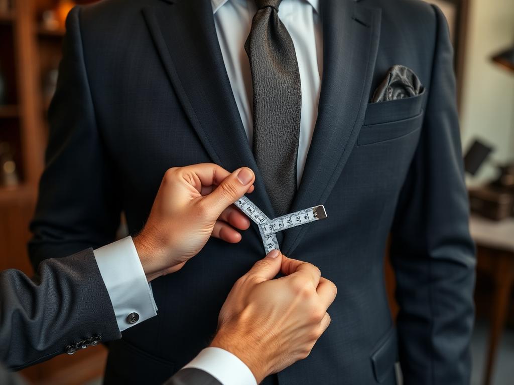 Tailor altering a suit jacket with a measuring tape