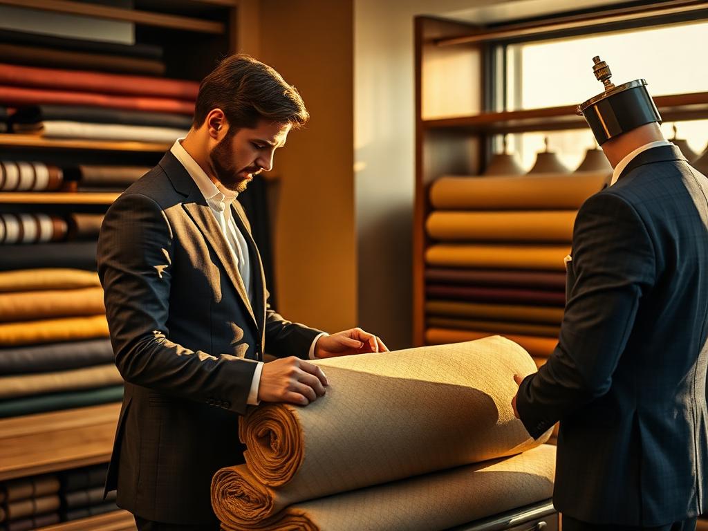 Tailor presenting premium suiting fabric rolls to a client