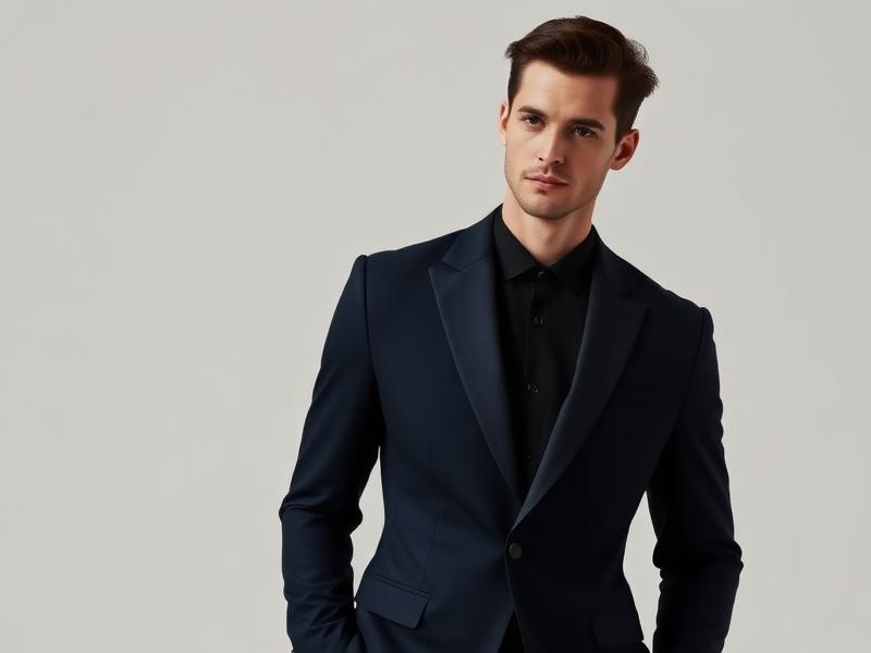 Model wearing a sharp modern navy blazer