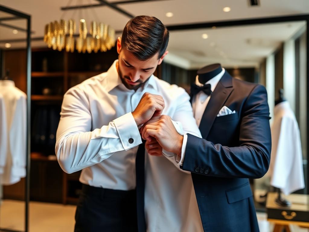 Man adjusting the cuff of a bespoke formal white shirt