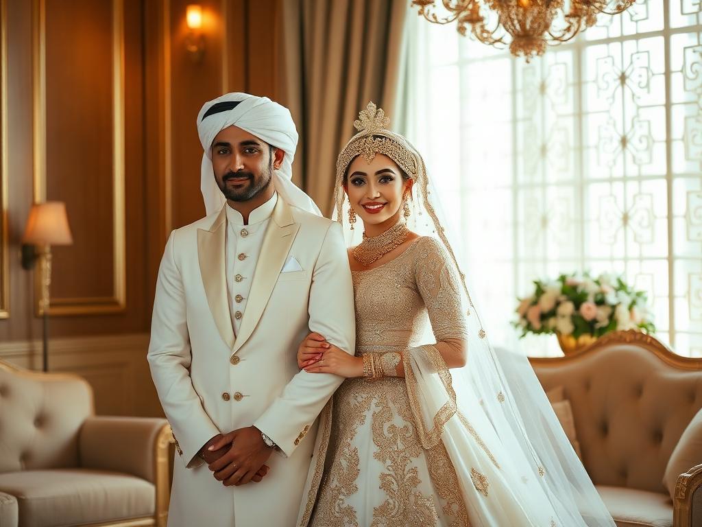 Emirati bride and groom in luxury wedding attire
